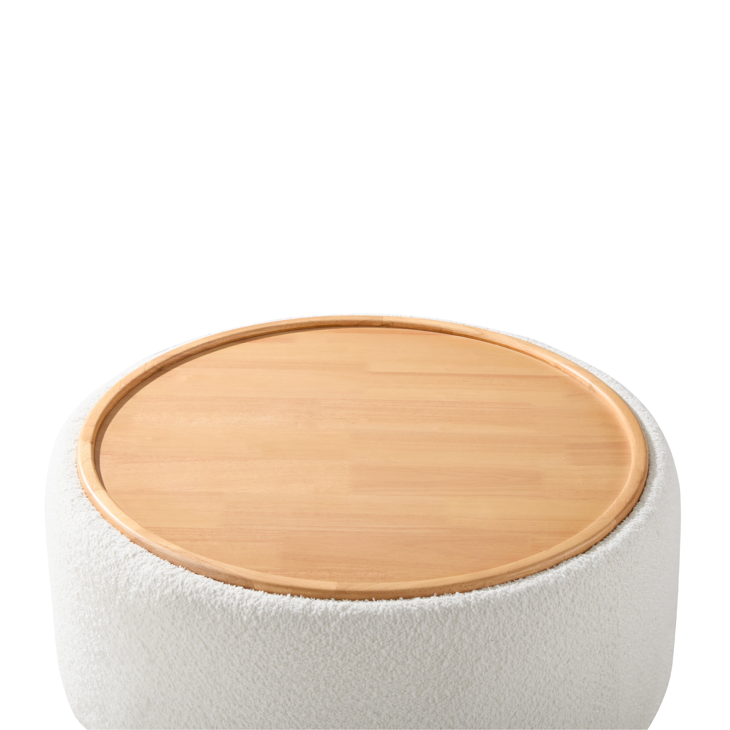 Ottoman, Coffee Table, Storage Ottoman, Round Stool with Dual-Sided Reversible Lid and Solid Wood Cylinder Base, Hidden Storage, Boucle Fabric, for Living Room, Beige