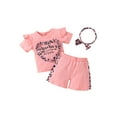 thumbnail image 2 of Yunliwuli Baby Girls Summer Shorts Suit Letters Print Short Sleeve Tops Camouflage Belted Shorts Bow Headband, 2 of 10