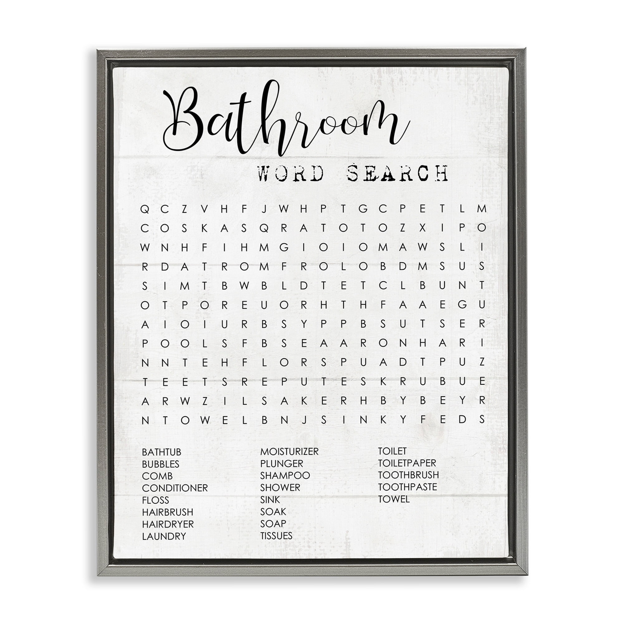 Stupell Industries Bathroom Word Search Fun Family Word Design Luster Gray Framed Floating Canvas Wall Art, 24x30, by Daphne Polselli