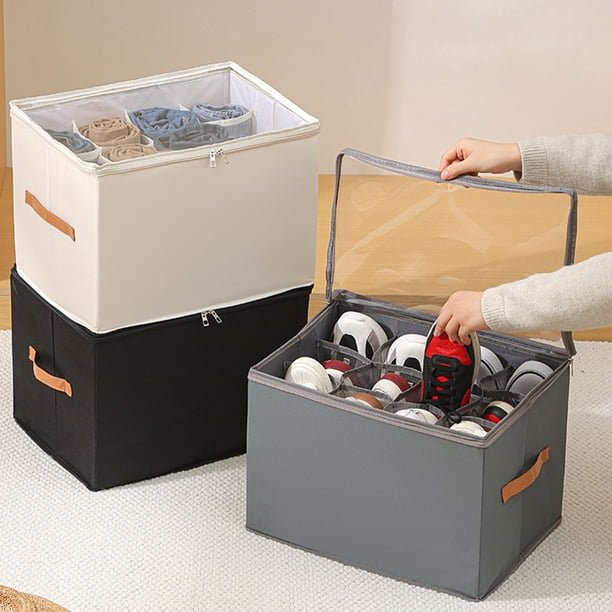 Caja de almacenamiento plegable de tela con tapa - Organizador multi-rejilla para ropa interior, calcetines y ropa, 43x32x30cm, beige o gris