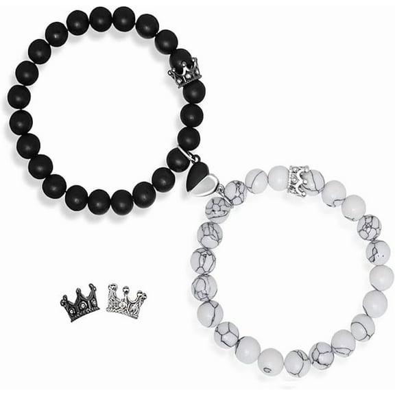 Couples Bracelets King&Queen Crown His And Her Heart Magnetic Matching Bracelets For Couple Lover Valentines Day Christmas Anniversary Engagement White Elephant Long Distance Relationship Gifts-White