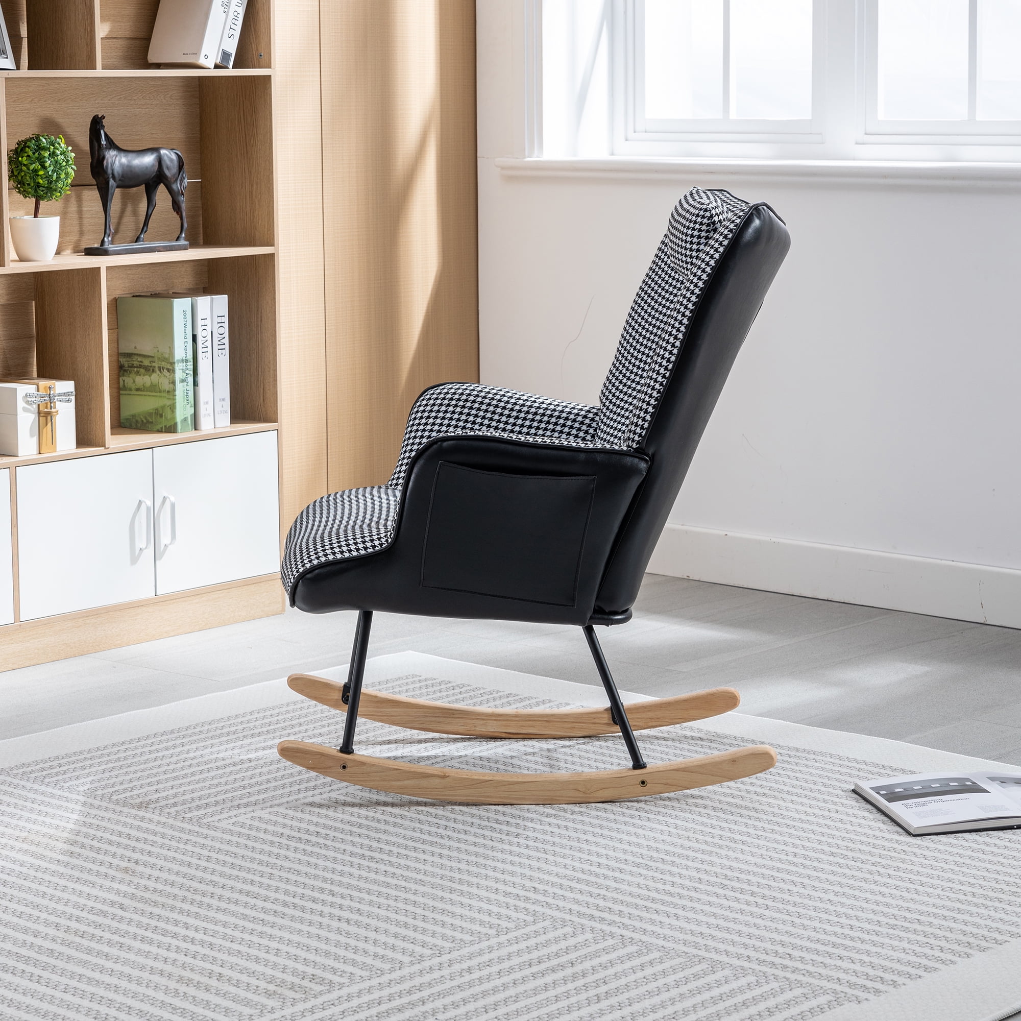 Kadyn 35.5" Rocking Chair Nursery, Single Sofa Chairs with Safe Solid Wood Base and Side Pockets for Bedroom, Black White Kadyn 35.5" Rocking Chair Nursery, Single Sofa Chairs with Safe Solid Wood Base and Side Pockets for Bedroom, Black White