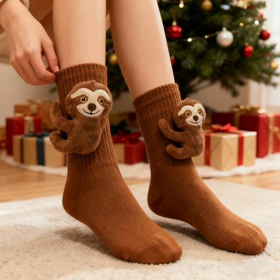 2025 Christmas Sloth Socks for Women - 3D Knit Animal Plush Hug Crew Socks, Cozy Novelty Warm Floor Socks