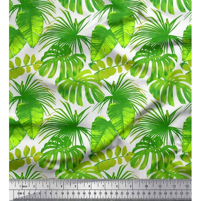 Soimoi White polyester Crepe Fabric Tropical Leaves Printed Craft Fabric by the Yard 42 Inch Wide