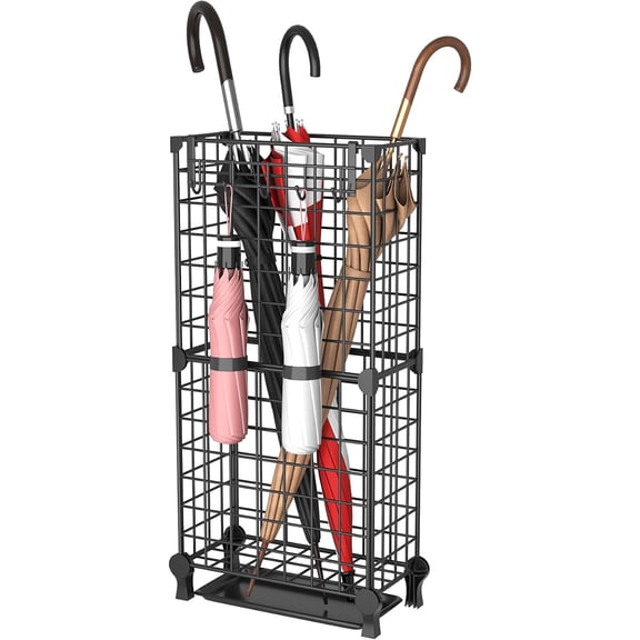 Umbrella Holder Entryway, Umbrella Stand Freestanding, Metal Square Umbrella Rack Organizer with a Removable Drip Tray, Hooks, Black