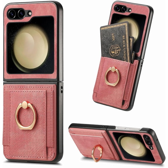 Compatible with Samsung Galaxy Z Flip 5 5G 2023 Wallet Case and Card Slot Full Body Protective Case Metal Ring Holder Stand Kickstand Cell Phone Cover for ZFlip5 Z5 G Flip5 5Z Women Men Pink