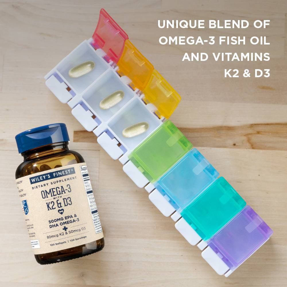 Wiley’s Finest Wild Alaskan Fish Oil Vitamin K2 & D3 Softgels - 500mg of EPA and DHA Omega-3s for Bone and Heart Health Support - 120 Softgels (120 Servings)