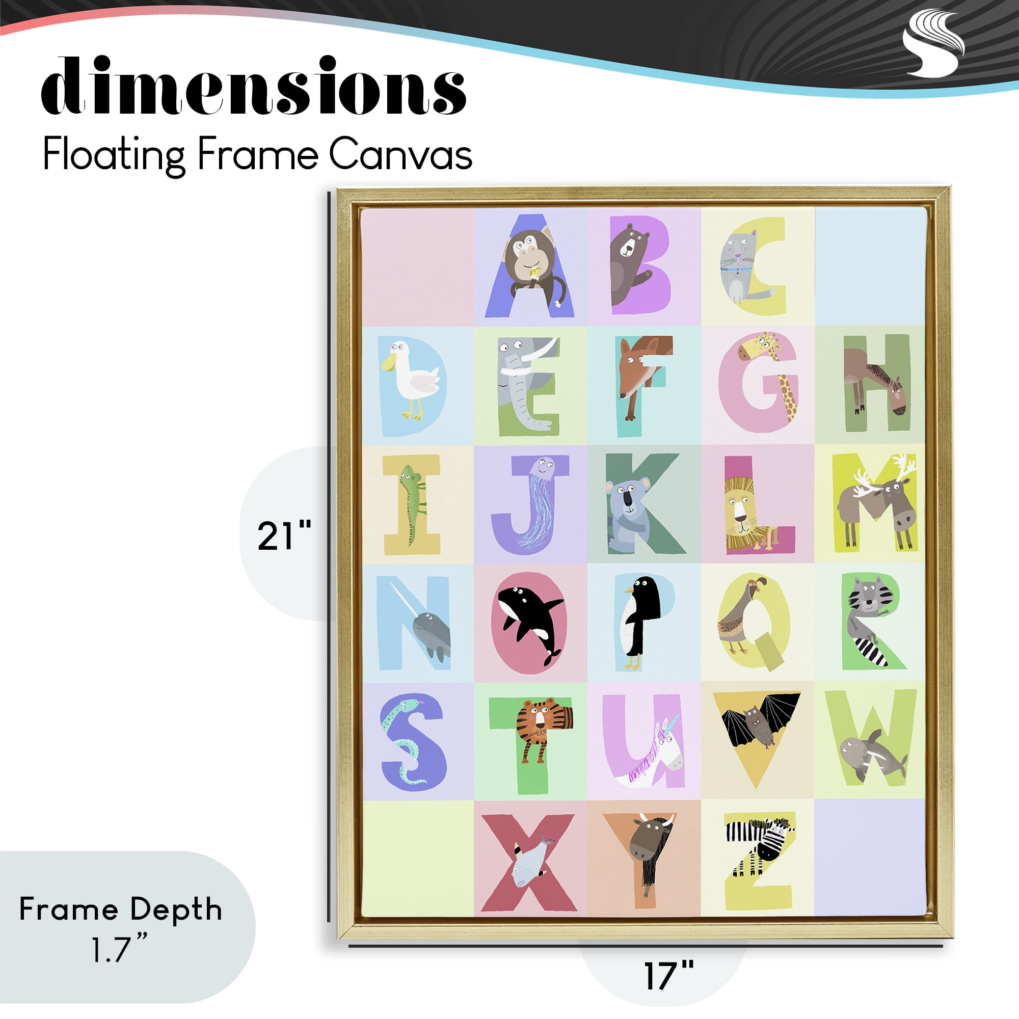 Stupell Industries Animal Alphabet in Pastels Gold Framed Floater Canvas Wall Art, design by Carla Daly