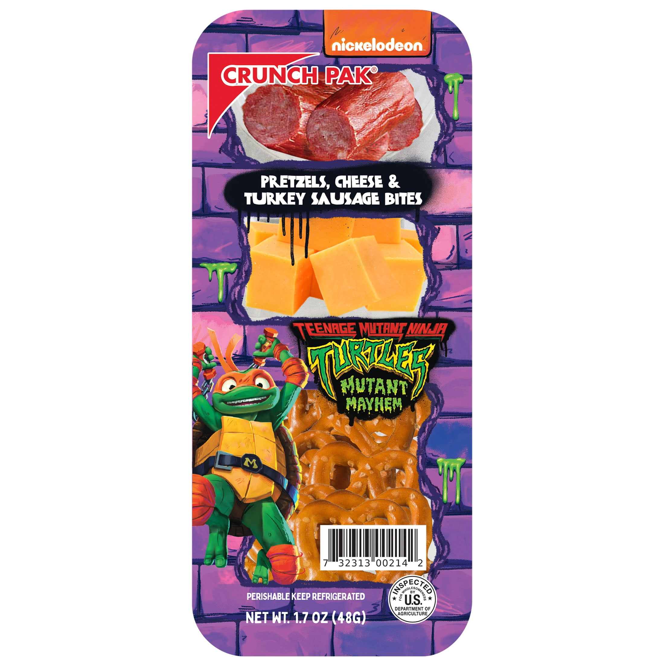 Crunch Pak Snack Featuring TMNT with Turkey Sausage Bites, Cheese Cubes, and Mini Pretzels 1.7oz Snack Tray