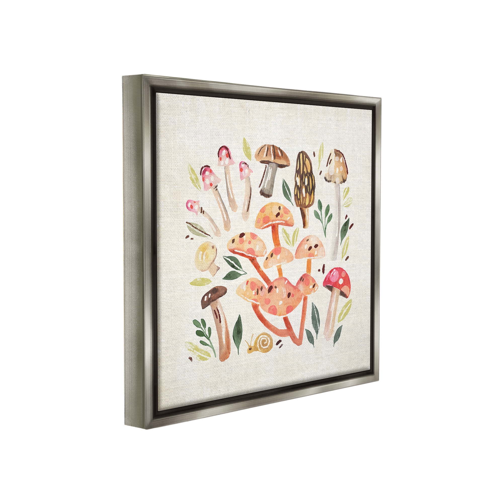 Stupell Industries Whimsical Mushrooms & Snail Botanical & Floral Painting Gray Floater Framed Canvas Art Print Wall Art, 25 x 25