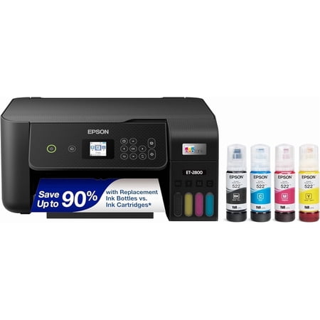 Epson EcoTank ET-2800 Wireless Color All-in-One Cartridge-Free Supertank with Scan and Copy, The Ideal Basic Home Printer - Black (Sold without manufacturer warranty)