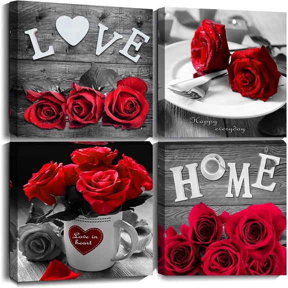 Red Rose Wall Art Decor 12x12 4 Pcs Framed Canvas for Bedroom Decor Modern Red and Black Rose Painting Kitchen Bathroom Pictures Love Home Decorations Couples Gift