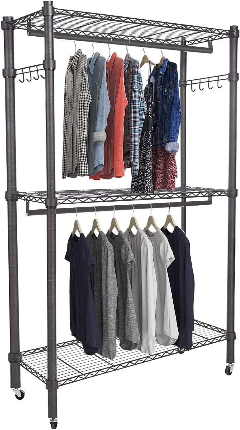 3 Shelves Wire Shelving Clothing Rolling Rack Heavy Duty Commercial
