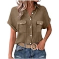 thumbnail image 2 of Craaazy Women's Relaxed Fit Collared Blouse, Solid Color Short Sleeve Button Down Top, Loose Comfy Cotton Casual Shirt with Pockets for Summer Gifts, 2 of 6