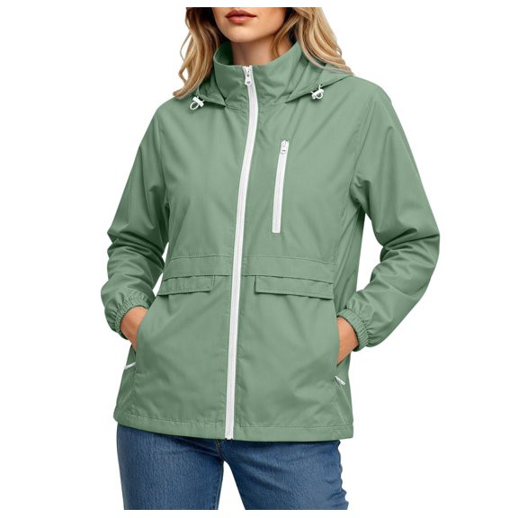 Cmfcve Rain Jacket for Womens Lightweight Fall Hooded Waterproof Jacket Zip Up Outdoor Hiking Windbreaker with Pockets