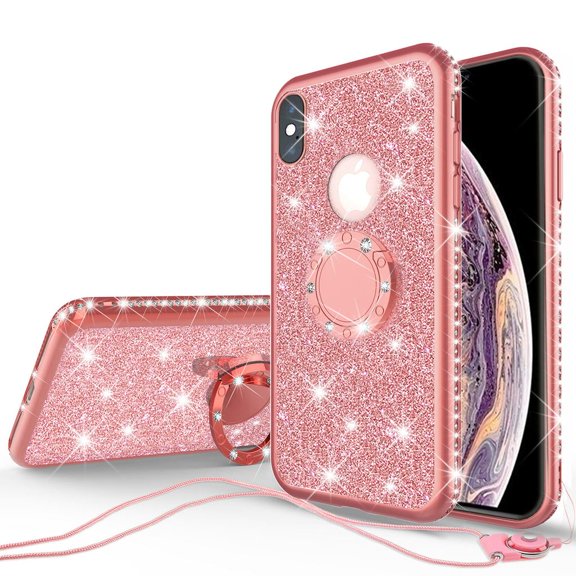 iPhone Xs / iPhone X Case, Cute Glitter for Girls Women w/Kickstand,Bling Diamond Rhinestone Bumper With Ring Stand Protective Sparkly Pink Apple iPhone X/Xs - Rose Gold