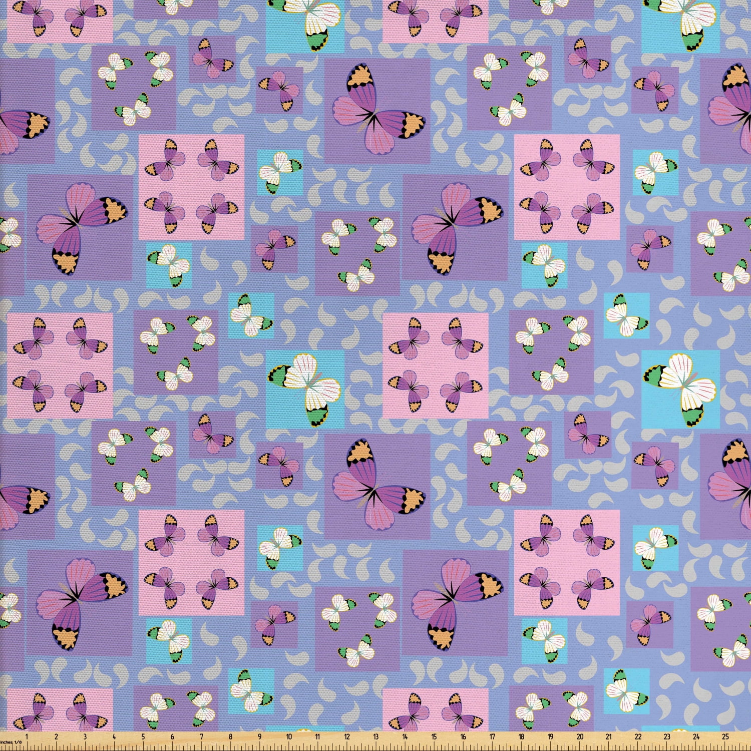 Butterfly Fabric by The Yard, Springtime Theme Lively Colored Ornate in Squares with Leaves