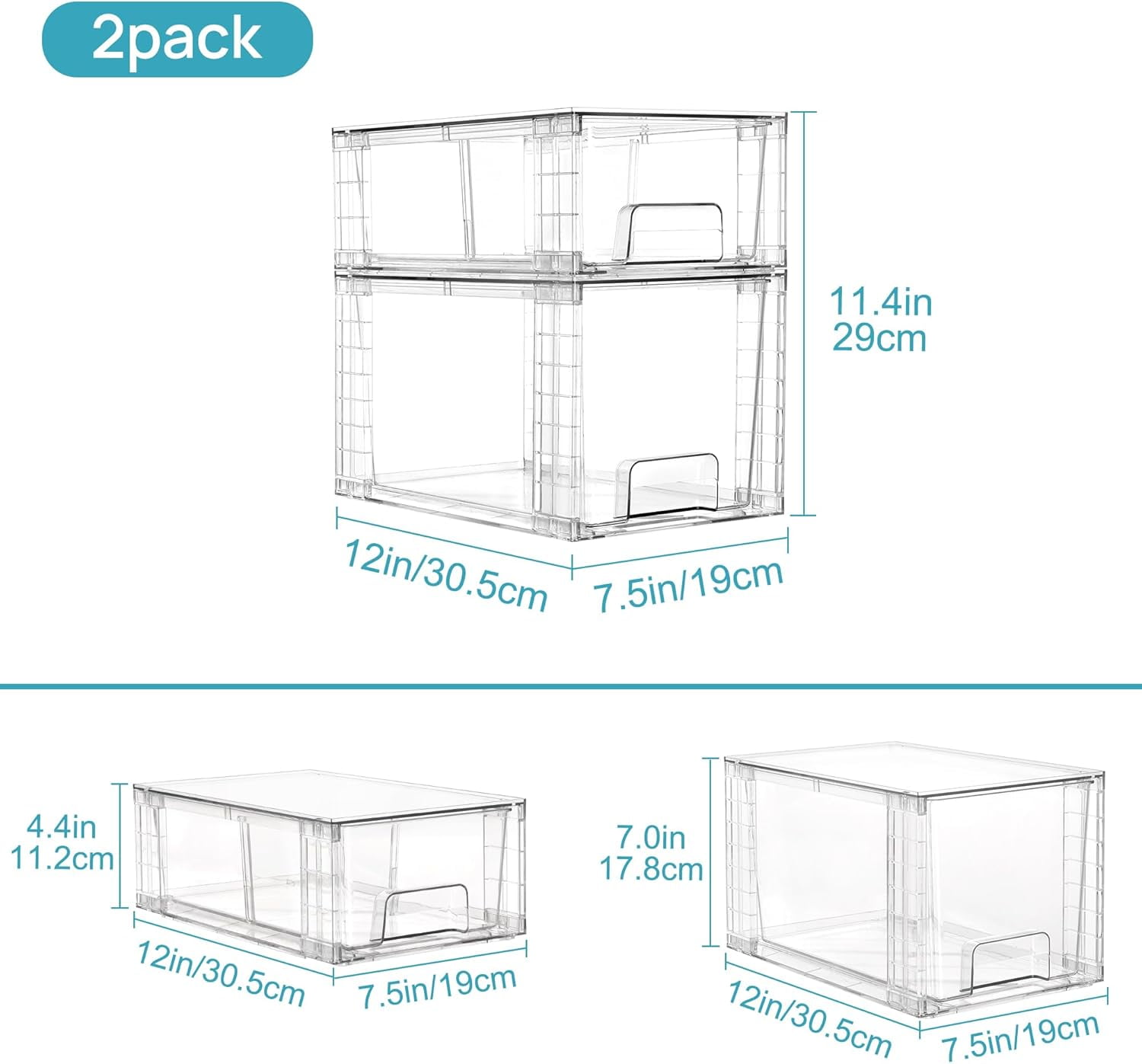 4-Pack Clear Stackable Storage Drawers with Handles - Easy-Assemble Organizers for Bathroom Under Sink, Kitchen Pantry & Cabinet