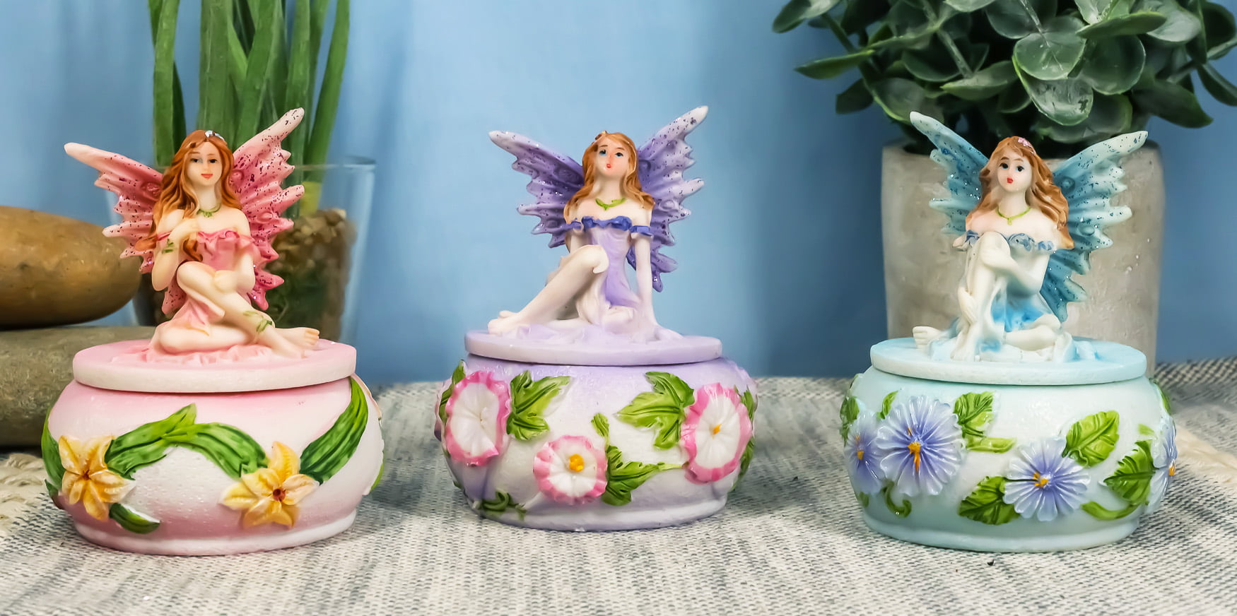 Veedaf Blue Pink Purple Flower Fairy Garden Small Decorative Box Figurines Set of 3