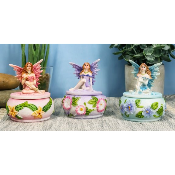 Blue Pink Purple Flower Fairy Garden Small Decorative Box Figurines Set Of 3