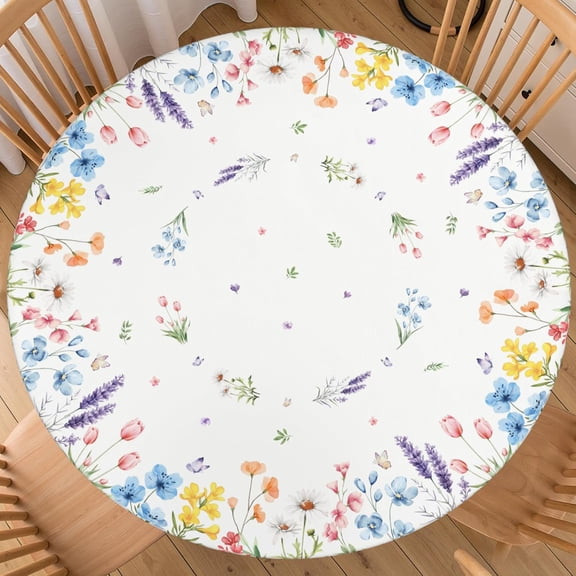 Spring Floral Round Fitted Tablecloth with Elastic for 40-44 Inch Tables Blue Purple Pink Flower Leaves Summer Fitted Table Cover Waterproof Seasonal Theme Farmhouse Indoor Outdoor Patio Picnic Party