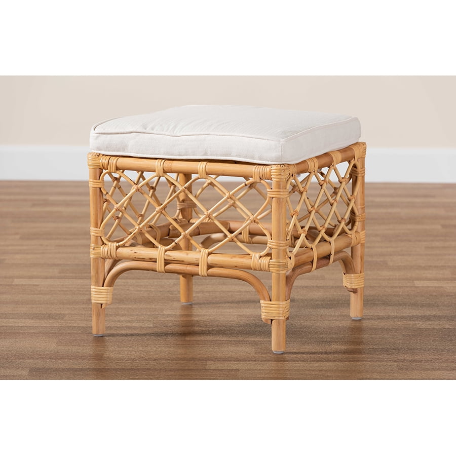 Baxton Studio Orchard Modern Bohemian White Fabric Upholstered and Natural Brown Rattan Ottoman