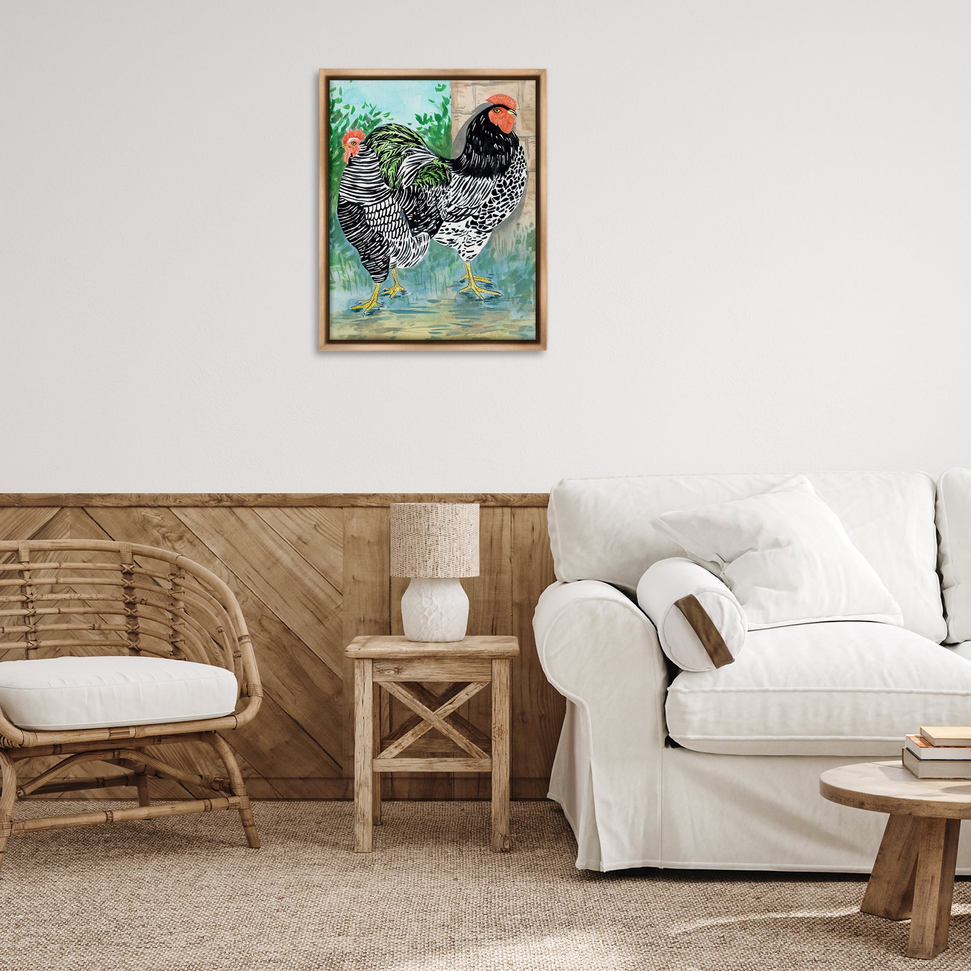 Stupell Industries Patterned Farmhouse Hens Animals Painting Brown Floater Framed Canvas Art Print Wall Art, 25 x 31