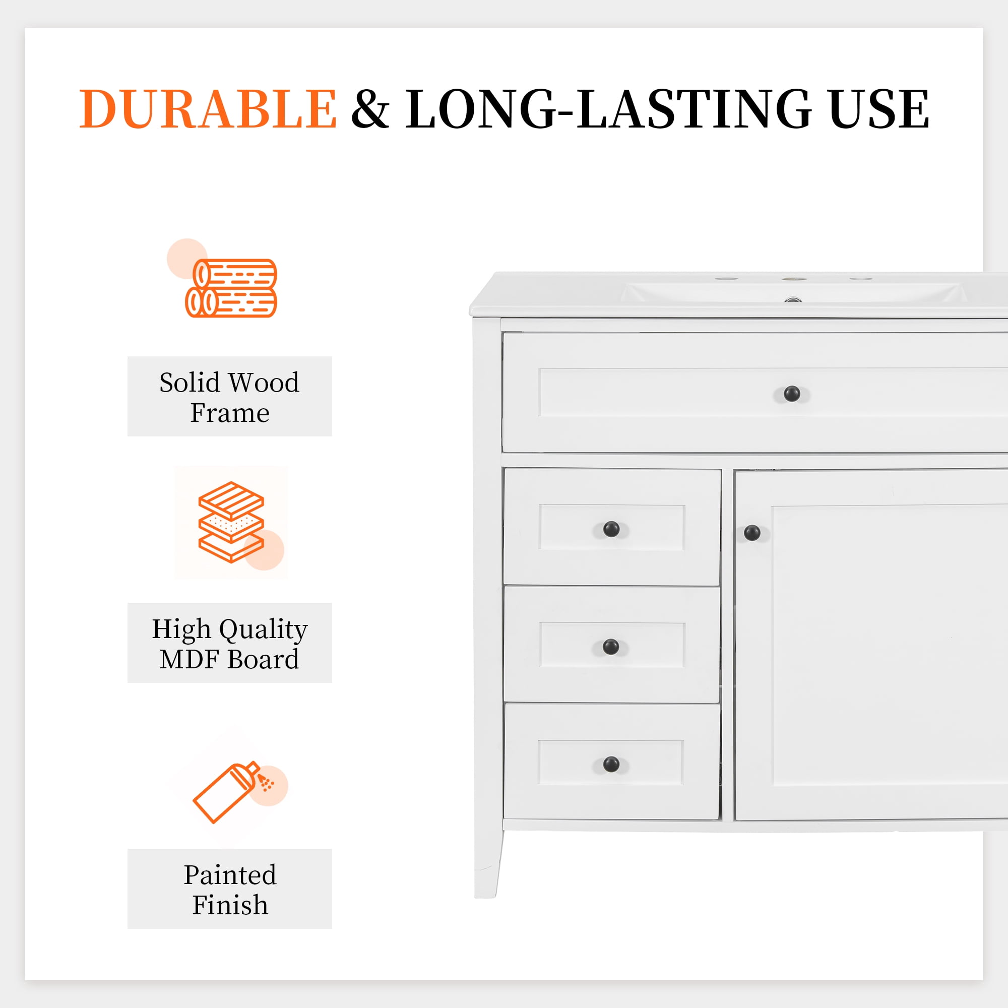 Euroco 36-Inch White Bathroom Vanity with Sink, Modern MDF and Rubberwood Cabinet with 3 Drawers and Adjustable Shelf, Freestanding Vanity for Bathroom Storage and Organization
