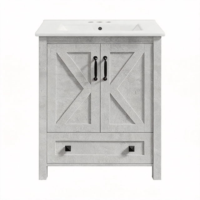 24 Inch Modern Bathroom Vanity with Ceramic Basin,Modern Bathroom Vanity Set,Waterproof Freestanding Storage Cabinet, 2 Doors & Drawer, Pre-Drilled Holes, Easy Assembly