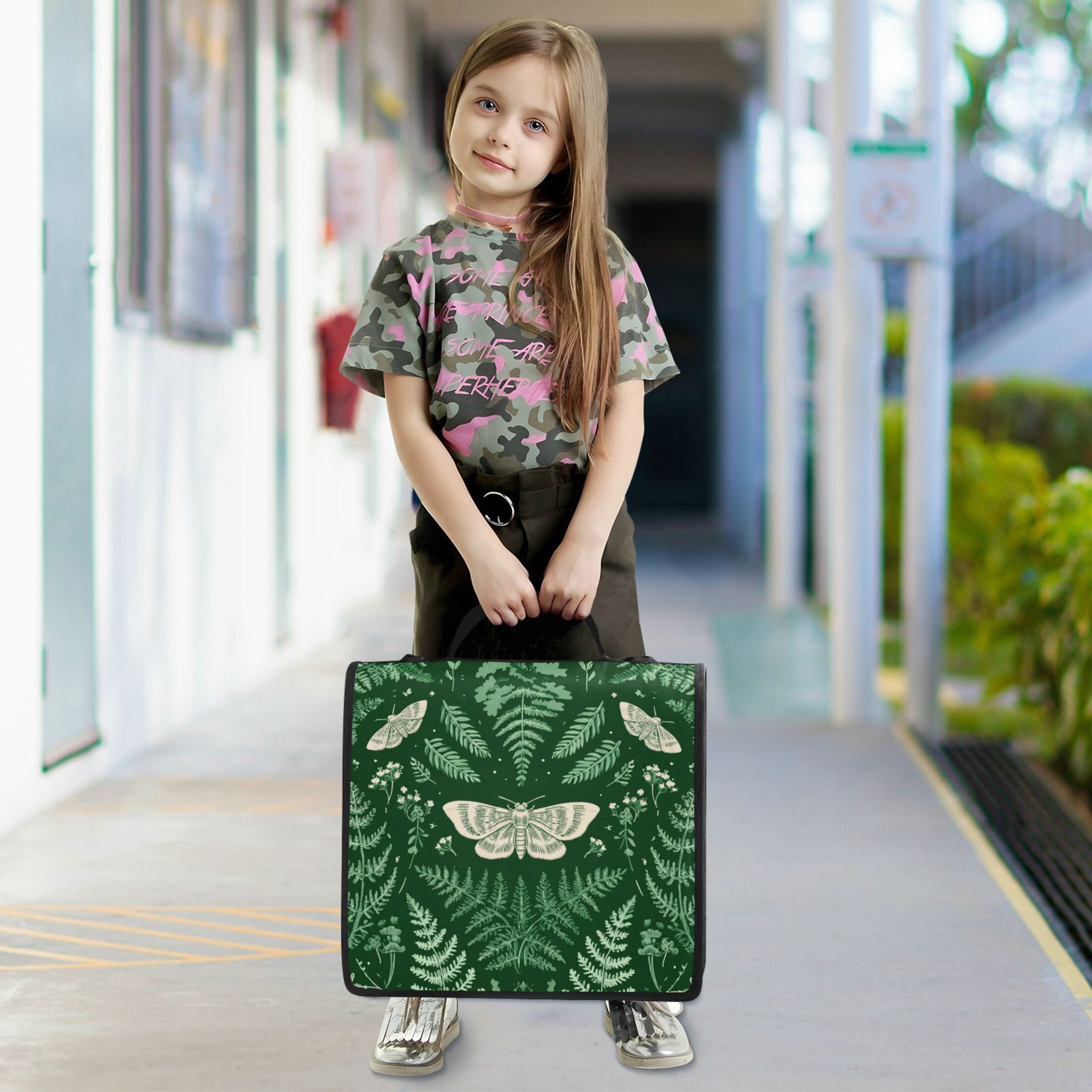 Zipper Binder 3 Rings Stationery Office Files Daily Organizer File Folder Storage Bag Green Ferns and Moths