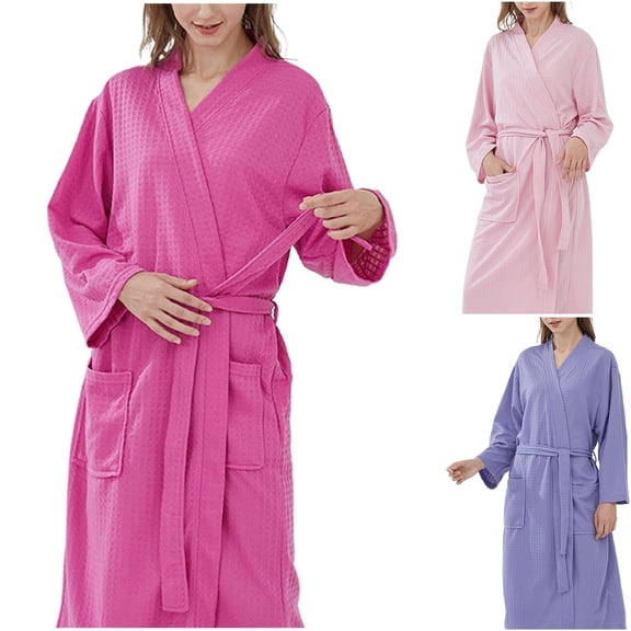Womens Waffle Knit Nightwear Long Sleeve Spa Quick Dry Bath Robe Bridal Party Ladies Soft Sleepwear Loungewear House Coat with Pockets, Hot Pink, XL