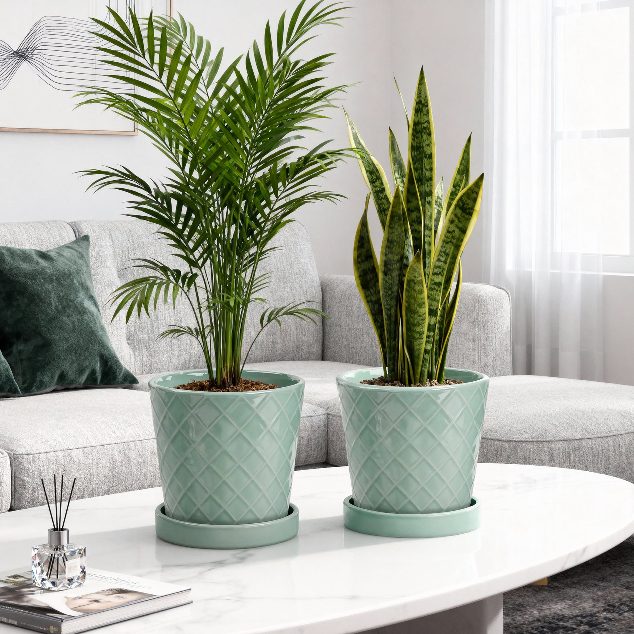 BUYMAX Plant Pots Indoor –6 inch Ceramic Flower Pot with Drainage Hole and Ceramic Tray - Gardening Home Desktop Office Windowsill Decoration, Set of 2(Green)Same pattern