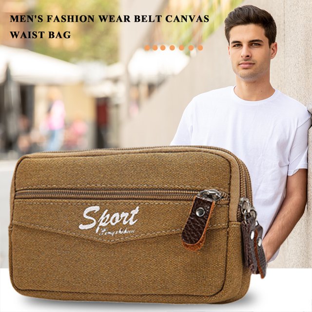 Riñonera de lona informal para hombre al aire libre, monedero para teléfono, cinturón, funda con cremallera (caqui)