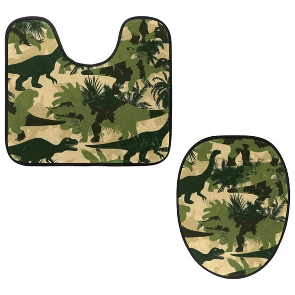 PhooArto Toilet Lid Cover and U-Shaped Toilet Floor Mat Set of 2 Pieces, Dinosaur Tree Camouflage Pattern Toilet Mat Set, Machine Washable Seat Covers Non-Slip Absorbent Rugs