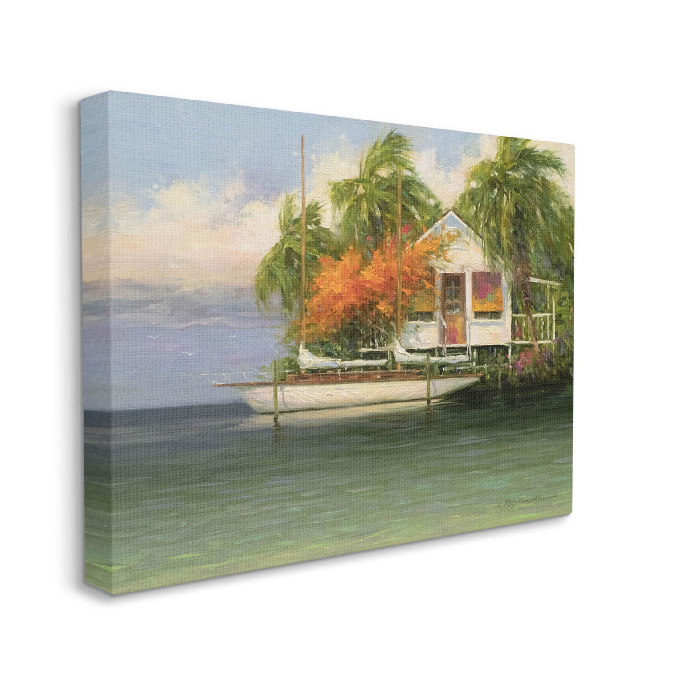 Tropical Seaside House Boat Landscape Painting Gallery Wrapped Canvas Print Wall Art