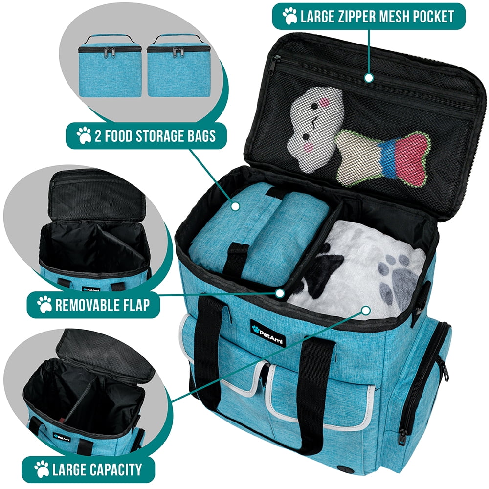 PetAmi Dog Travel Bag Pet Supplies Accessories Organizer For Traveling, Camping, Weekend; Cat Pet Travel Bag Kit includes 2 Food Storage Containers, 2 Collapsible Bowls, 1 Feeding Mat (Teal Blue)