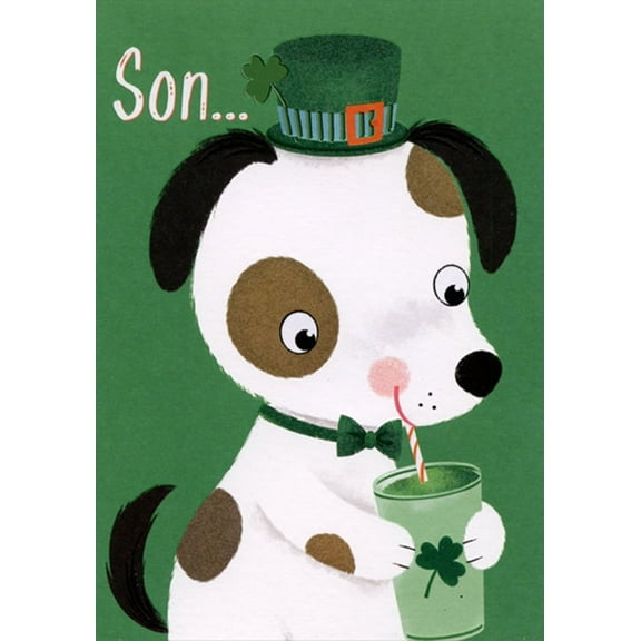 Designer Greetings Spotted Dog Drinking From Shamrock Glass Juvenile St. Patrick's Day Card for Son