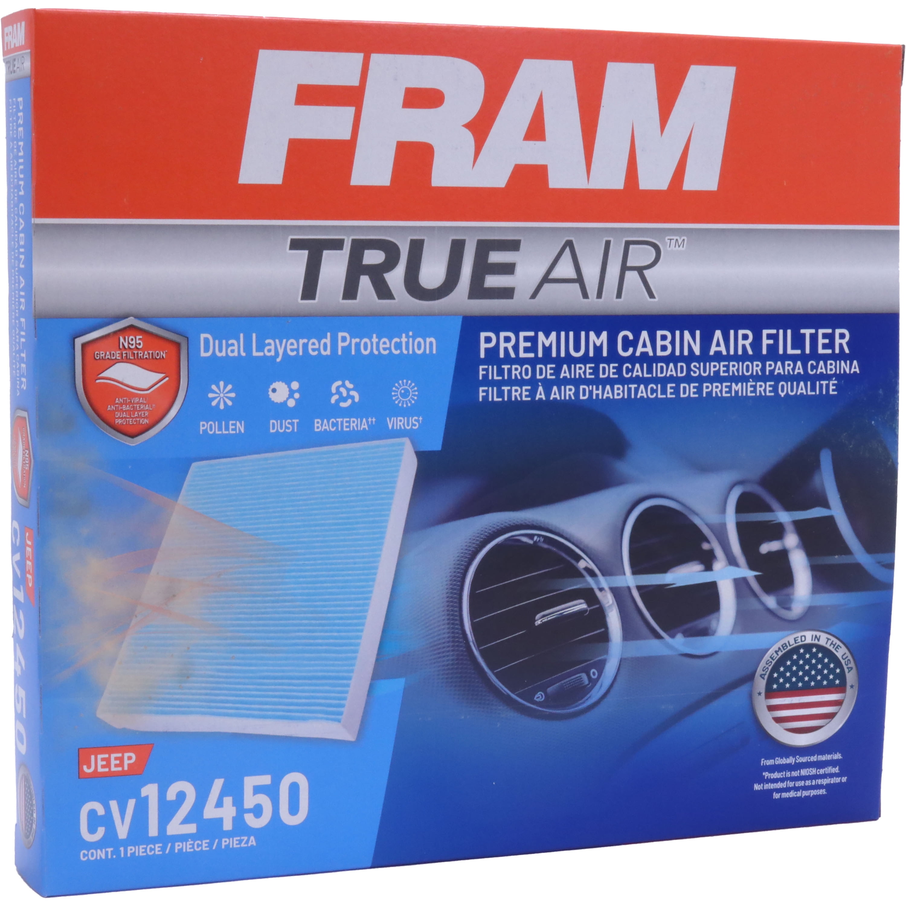 FRAM TrueAir Cabin Filter CV12450, with N95 Grade Filter Media