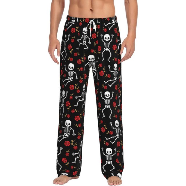 Xecao Skeleton with Roses for Men's Pajama Pants Long Lounge Pants with Drawstring Waistband and Pockets Comfortable Sleepwear for Home Relaxation-Medium