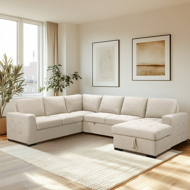 Dylan Stain-Resistant Fabric 6 Seat Storage Sectional With Pullout Bed, Assorted Colors