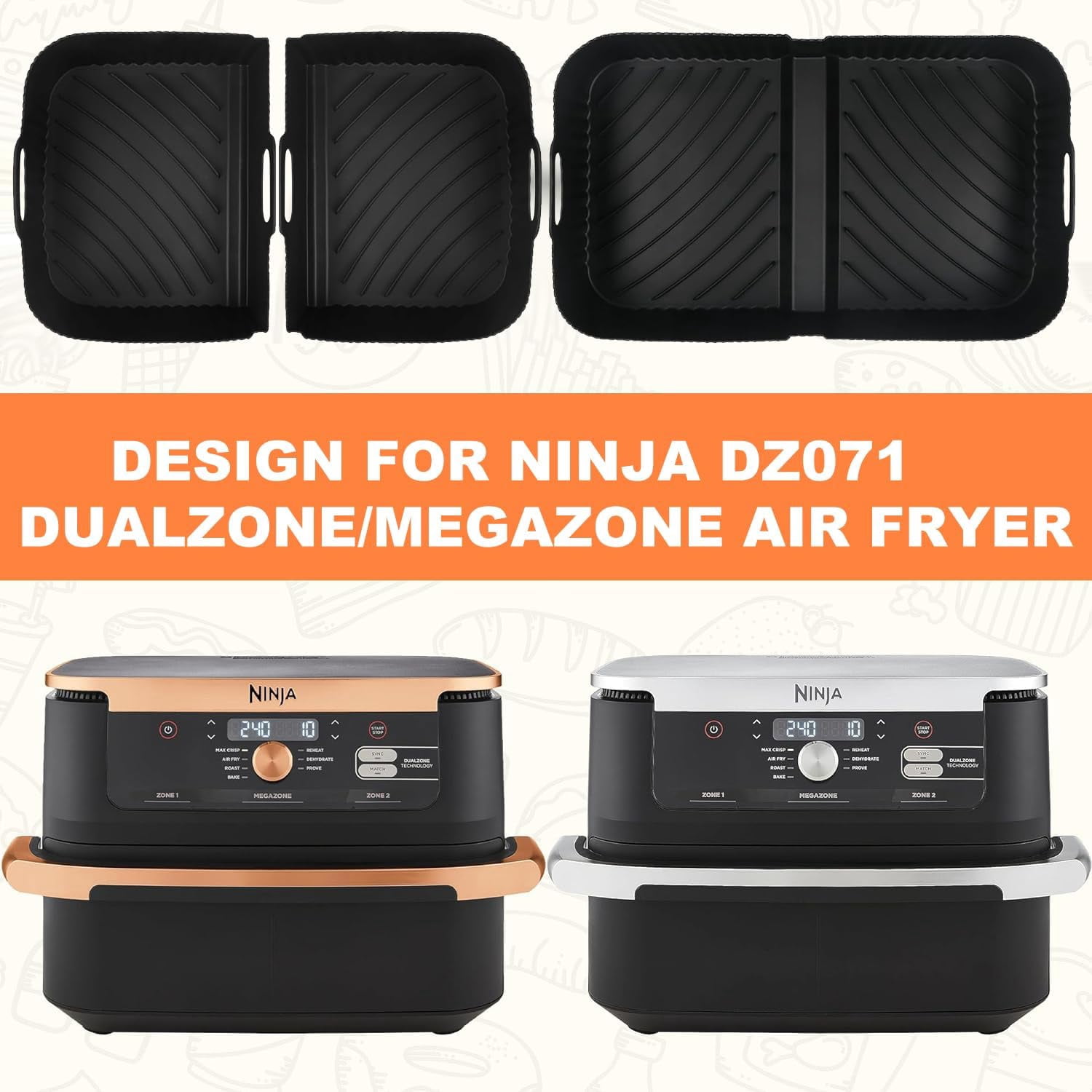 JJEAN-Air Fryer Silicone Liners for Ninja DZ071, 3 Pack Reusable 7-QT DualZone Megazone Air Fryer Accessories, 2 Pcs Liners for Dual 3.5QT Baskets 1 Pcs Liner for 7-QT Megazone Basket