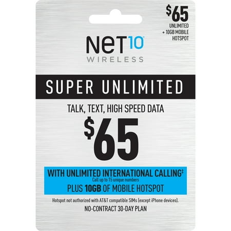 NET10 Wireless $65 SuPer Unlimited Talk, Text, Data 30 Day Plan with Unlimited Int'l Calling + 10GB of Mobile Hotspot e-Pin Top Up (Email Delivery)