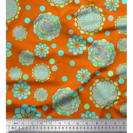 Soimoi Orange Poly Georgette Fabric Artistic Flower & Geometric Print Fabric by the Yard 52 Inch Wide