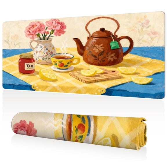 LIVEKEY Mouse Pad Durable Easy Clean Extra Large 80x40x0.3cm Full Desk Coverage Tea Time Still Life Art with Anti Slip Sewn Edges for Gaming and Office Desk