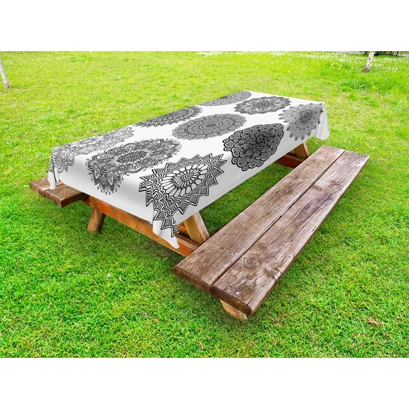 Henna Outdoor Tablecloth, Ornamental Mandala Design Symmetric Ethnic Motifs Eastern Arabic Ottoman Inspiration, Decorative Washable Fabric Picnic Table Cloth, 58 X 84 Inches,Black White, by Ambesonne