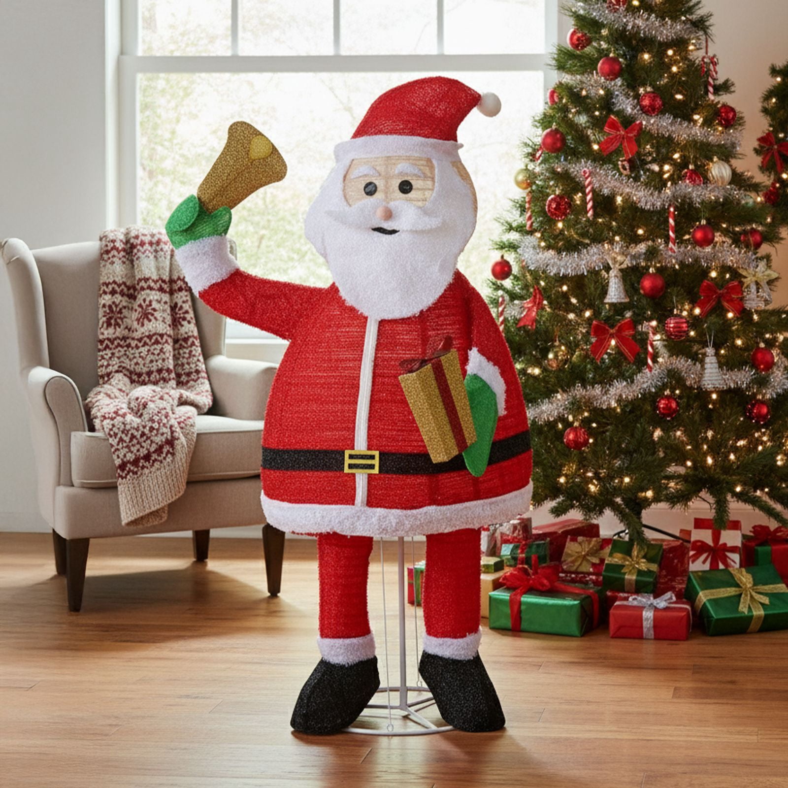 6FT Lighted Santa Claus Holding Bell Christmas Yard Decorations, Pre-lit Pull Up Santa with 200 Warm White LEDs, for Xmas Outdoor Holiday Indoor Decor Lighted Holiday Display
