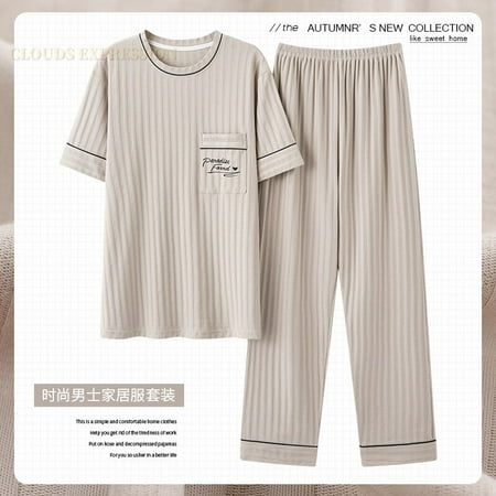 

L-5XL Summer Elegant Men Pyjamas Knited Cotton Pajamas Set Long Pant Sleepwear Pyjamas Night Suits Pijamas Plus Size Homewear PJ