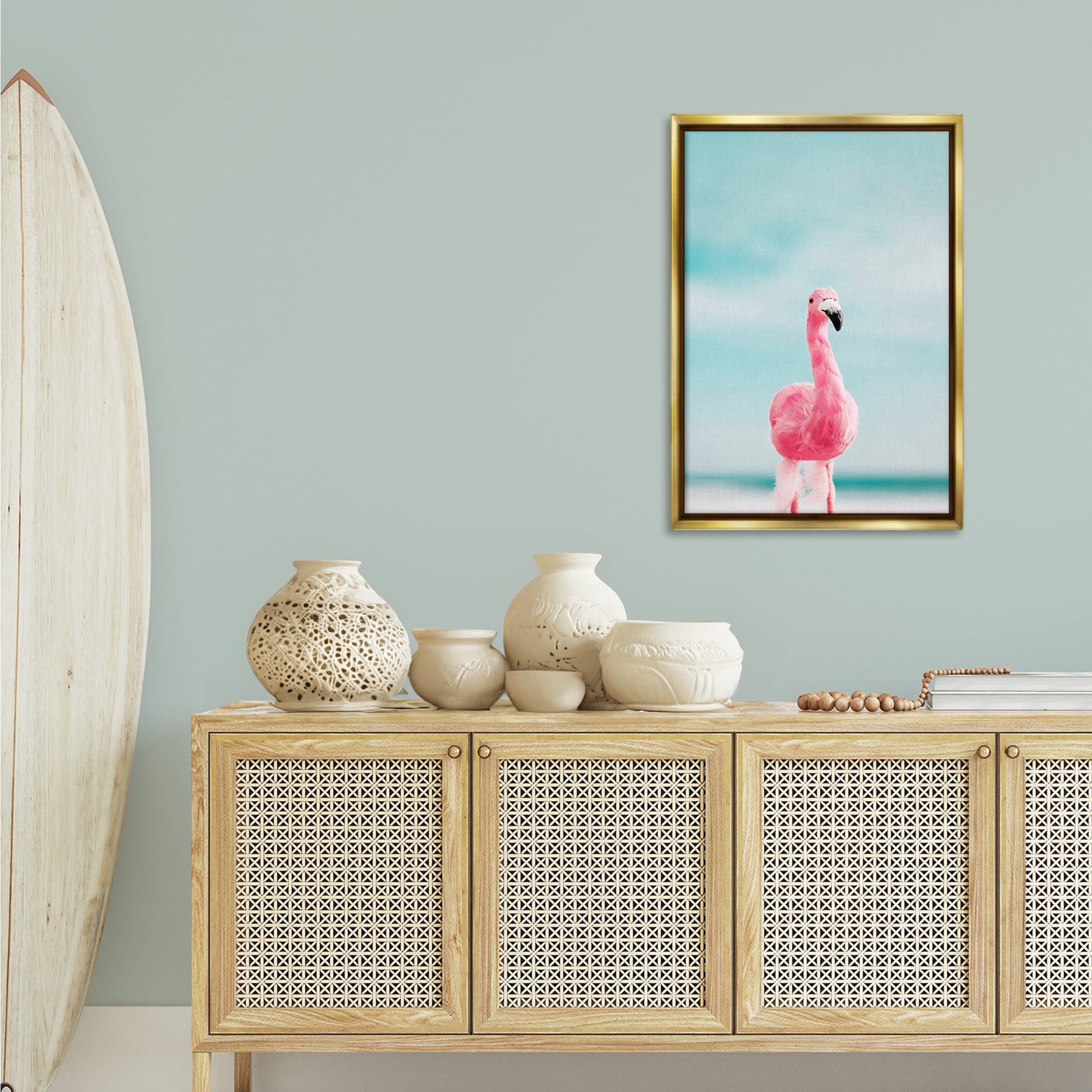 Stupell Industries Funky Summer Flamingo Nautical & Beach Photography Gold Floater Framed Canvas Art Print Wall Art, 21 x 31