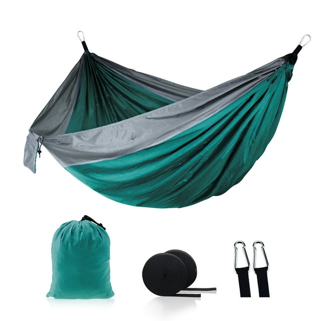 Tignapoo Hamac Double Spacieux en Nylon pour Aventures en Plein Air - Balançoire Polyvalente pour le Camping, la Randonnée et la Détente à la Maison - Tissu Durable 210T en Combinaison de Couleurs Vert Foncé et Gris