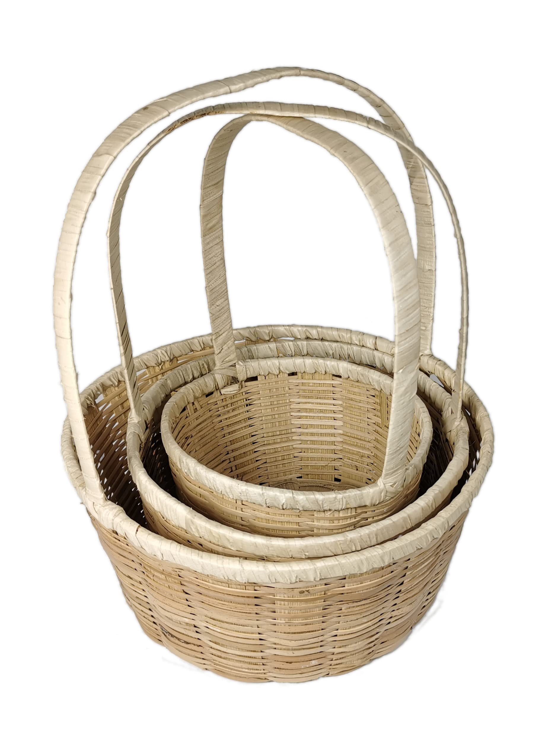 CalCastle Craft Bamboo Baskets with handle Gift Baskets, Woven Bread Roll Baskets, Food Serving Baskets, Natural Bamboo Material (Round Set - 3 pcs)